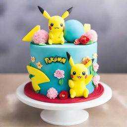 A gorgeous Pokemon-themed birthday cake, masterfully decorated with beloved Pokemon such as Pikachu and Eevee surrounded by delicate, edible flowers and a glossy Poké Ball centerpiece atop