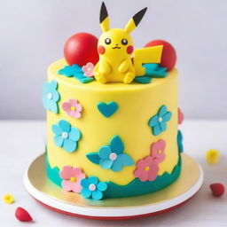 A gorgeous Pokemon-themed birthday cake, masterfully decorated with beloved Pokemon such as Pikachu and Eevee surrounded by delicate, edible flowers and a glossy Poké Ball centerpiece atop