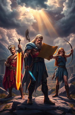 A dramatic scene depicting three heroic demigods on a quest to rescue the kidnapped god Apollo