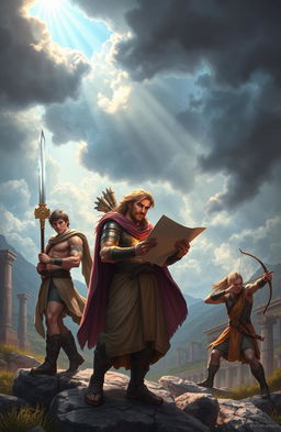A dramatic scene depicting three heroic demigods on a quest to rescue the kidnapped god Apollo