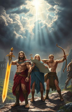 A dramatic scene depicting three heroic demigods on a quest to rescue the kidnapped god Apollo