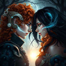 A breathtaking romance fantasy book cover featuring a badass enchanteress with curly orange hair, showcasing one blue eye and one green eye