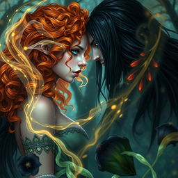 A breathtaking romance fantasy book cover featuring a badass enchanteress with curly orange hair, showcasing one blue eye and one green eye