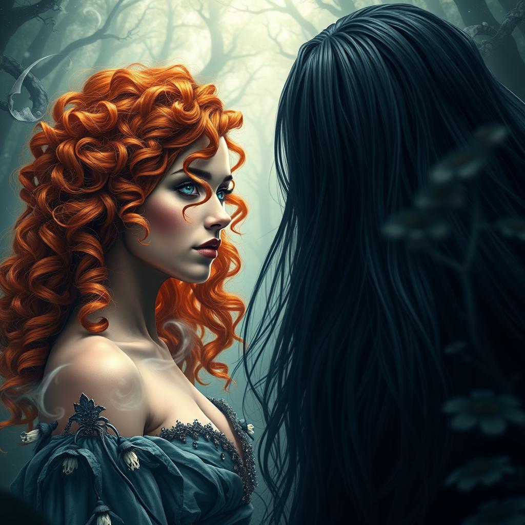 A breathtaking romance fantasy book cover featuring a badass enchanteress with curly orange hair, showcasing one blue eye and one green eye