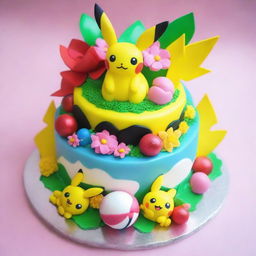 A gorgeous Pokemon-themed birthday cake, masterfully decorated with beloved Pokemon such as Pikachu and Eevee surrounded by delicate, edible flowers and a glossy Poké Ball centerpiece atop