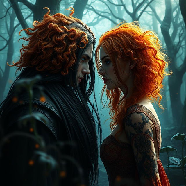 A breathtaking romance fantasy book cover featuring a badass enchanteress with curly orange hair, showcasing one blue eye and one green eye