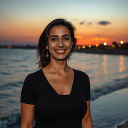 A highly realistic evening photo taken on an iPhone 14 Pro, featuring a positive 36-year-old Sephardic Jewish woman with dark hair