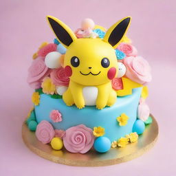 An elegant Pokemon-themed cake, beautifully adorned with beloved Pokemon like Pikachu and Jigglypuff surrounded by intricate edible flowers, with a shiny Poké Ball crowning the masterpiece