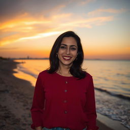 A highly realistic evening photo taken on an iPhone 14 Pro, featuring a positive 36-year-old Sephardic Jewish woman with dark hair