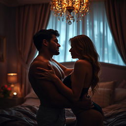 An intimate and sensual scene featuring two adults leaning towards each other, surrounded by soft ambient lighting and a romantic atmosphere