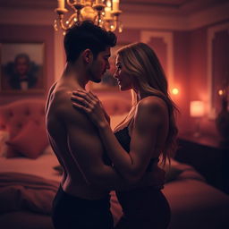 An intimate and sensual scene featuring two adults leaning towards each other, surrounded by soft ambient lighting and a romantic atmosphere