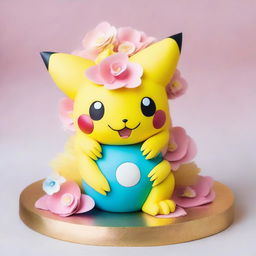 An elegant Pokemon-themed cake, beautifully adorned with beloved Pokemon like Pikachu and Jigglypuff surrounded by intricate edible flowers, with a shiny Poké Ball crowning the masterpiece