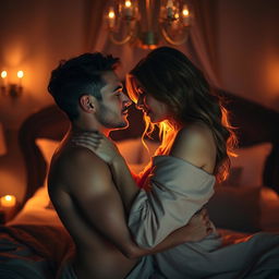 An intimate and sensual scene featuring two adults leaning towards each other, surrounded by soft ambient lighting and a romantic atmosphere