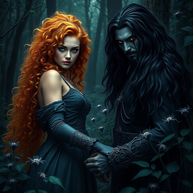 An enchanting forest romance fantasy book cover featuring an epic natural warrior witch with curly orange hair, showcasing one blue eye and one green eye