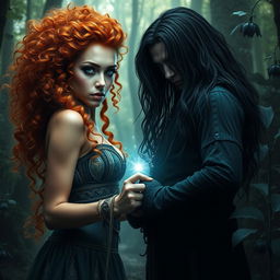 An enchanting forest romance fantasy book cover featuring an epic natural warrior witch with curly orange hair, showcasing one blue eye and one green eye