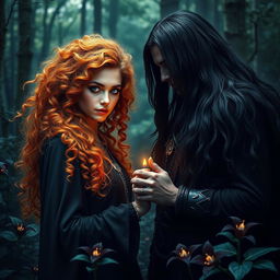 An enchanting forest romance fantasy book cover featuring an epic natural warrior witch with curly orange hair, showcasing one blue eye and one green eye