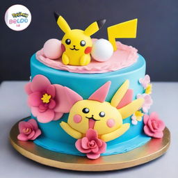 An elegant Pokemon-themed cake, beautifully adorned with beloved Pokemon like Pikachu and Jigglypuff surrounded by intricate edible flowers, with a shiny Poké Ball crowning the masterpiece