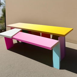 A vibrant bench table in a spectrum of colors.