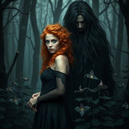 In a dark fantasy forest, a beautiful natural witch with curly orange hair stands gracefully amidst the shadows