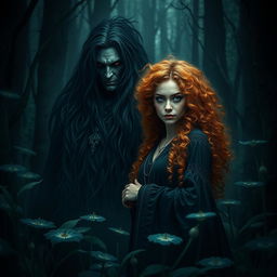 In a dark fantasy forest, a beautiful natural witch with curly orange hair stands gracefully amidst the shadows