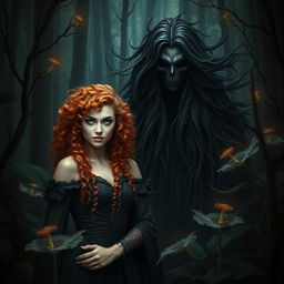 In a dark fantasy forest, a beautiful natural witch with curly orange hair stands gracefully amidst the shadows