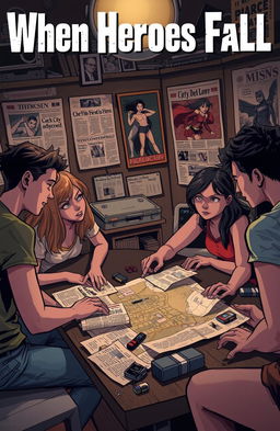 A captivating scene illustrating the story of "When Heroes Fall", showing a diverse group of young adults gathered in a dimly lit room filled with superhero memorabilia, looking at old newspaper clippings with headlines about their missing friend, the city’s hero