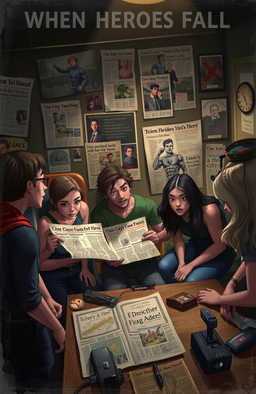 A captivating scene illustrating the story of "When Heroes Fall", showing a diverse group of young adults gathered in a dimly lit room filled with superhero memorabilia, looking at old newspaper clippings with headlines about their missing friend, the city’s hero