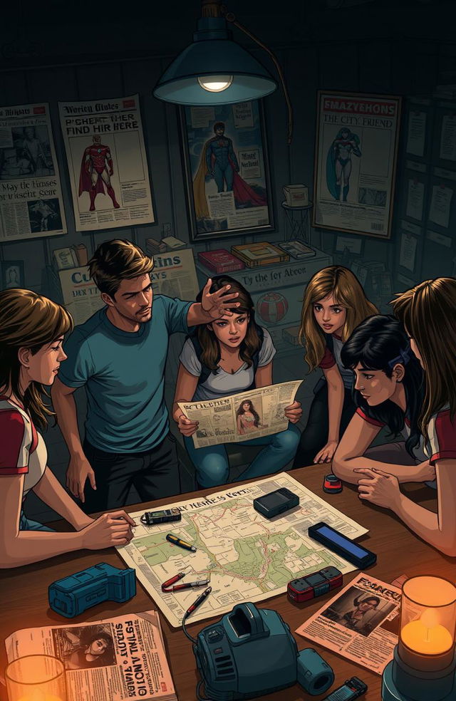 A captivating scene illustrating the story of "When Heroes Fall", showing a diverse group of young adults gathered in a dimly lit room filled with superhero memorabilia, looking at old newspaper clippings with headlines about their missing friend, the city’s hero