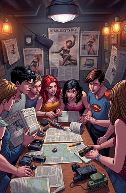 A captivating scene illustrating the story of "When Heroes Fall", showing a diverse group of young adults gathered in a dimly lit room filled with superhero memorabilia, looking at old newspaper clippings with headlines about their missing friend, the city’s hero