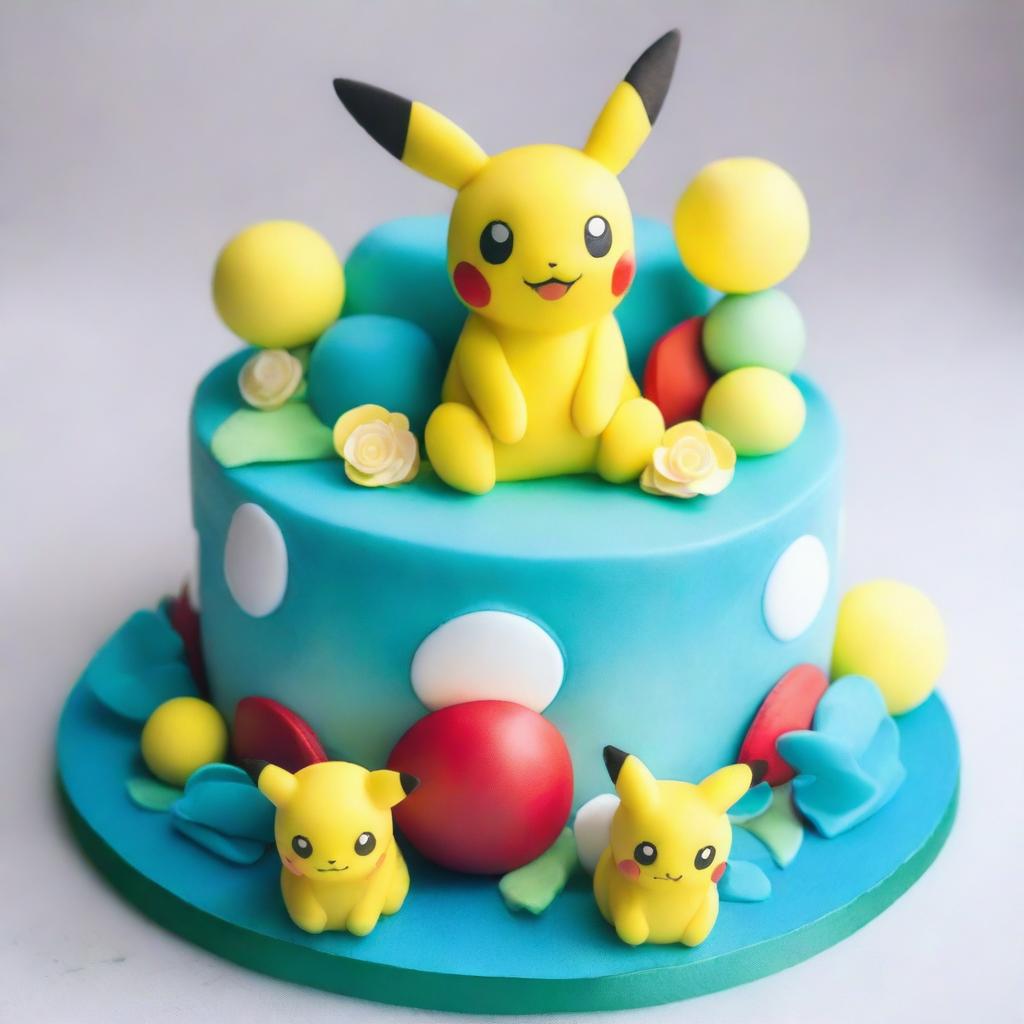 An exquisite Pokemon-themed cake, artistically decorated with fan-favorite Pokemon such as Pikachu and Squirtle nestled among delicate, edible blossoms, with a shiny Poké Ball topping the creation