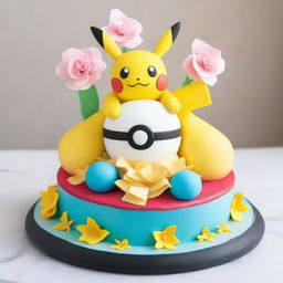 An exquisite Pokemon-themed cake, artistically decorated with fan-favorite Pokemon such as Pikachu and Squirtle nestled among delicate, edible blossoms, with a shiny Poké Ball topping the creation