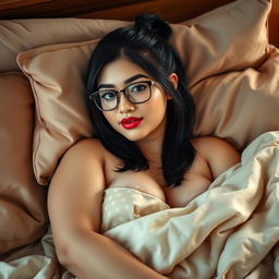 A sensual college girl with medium black hair styled in a small ponytail, wearing stylish glasses