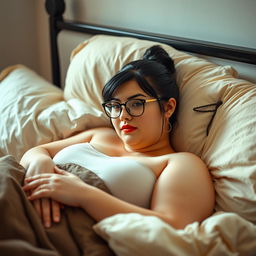 A sensual college girl with medium black hair styled in a small ponytail, wearing stylish glasses