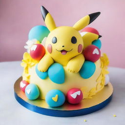 An exquisite Pokemon-themed cake, artistically decorated with fan-favorite Pokemon such as Pikachu and Squirtle nestled among delicate, edible blossoms, with a shiny Poké Ball topping the creation