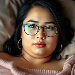 A sensual college girl with medium black hair styled in a small ponytail, wearing fashionable glasses