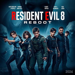 An exciting movie poster for 'Resident Evil 8: Reboot (2024),' featuring Kaya Scodelario as Claire Redfield wielding a weapon, with a determined expression