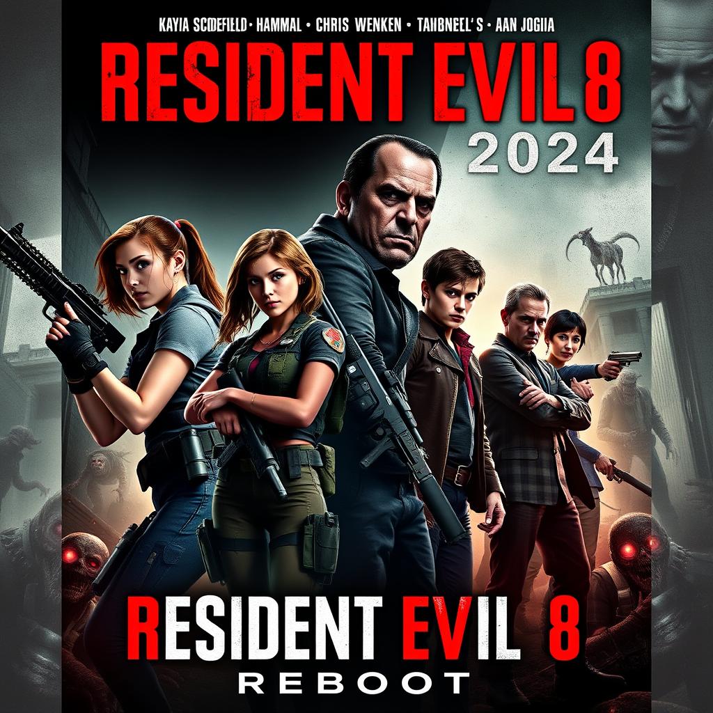 An exciting movie poster for 'Resident Evil 8: Reboot (2024),' featuring Kaya Scodelario as Claire Redfield wielding a weapon, with a determined expression