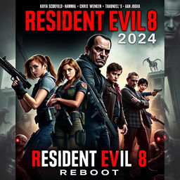 An exciting movie poster for 'Resident Evil 8: Reboot (2024),' featuring Kaya Scodelario as Claire Redfield wielding a weapon, with a determined expression