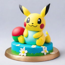 An exquisite Pokemon-themed cake, artistically decorated with fan-favorite Pokemon such as Pikachu and Squirtle nestled among delicate, edible blossoms, with a shiny Poké Ball topping the creation