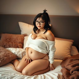 A sensual college girl with medium black hair styled in a small ponytail and wearing fashionable glasses