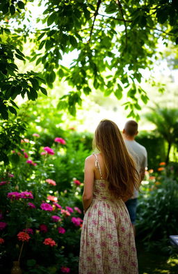 A woman observing a man from behind in a lush garden