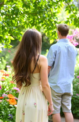 A woman observing a man from behind in a lush garden