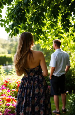 A woman observing a man from behind in a lush garden