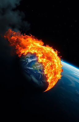 An image of Earth viewed from space, dramatically showcasing half of the planet engulfed in flames from an Armageddon scenario