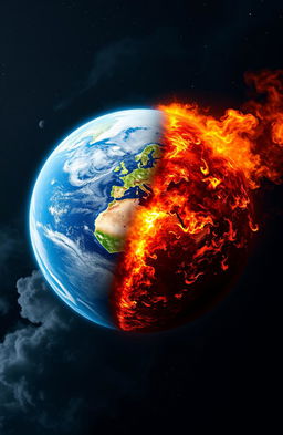 An image of Earth viewed from space, dramatically showcasing half of the planet engulfed in flames from an Armageddon scenario