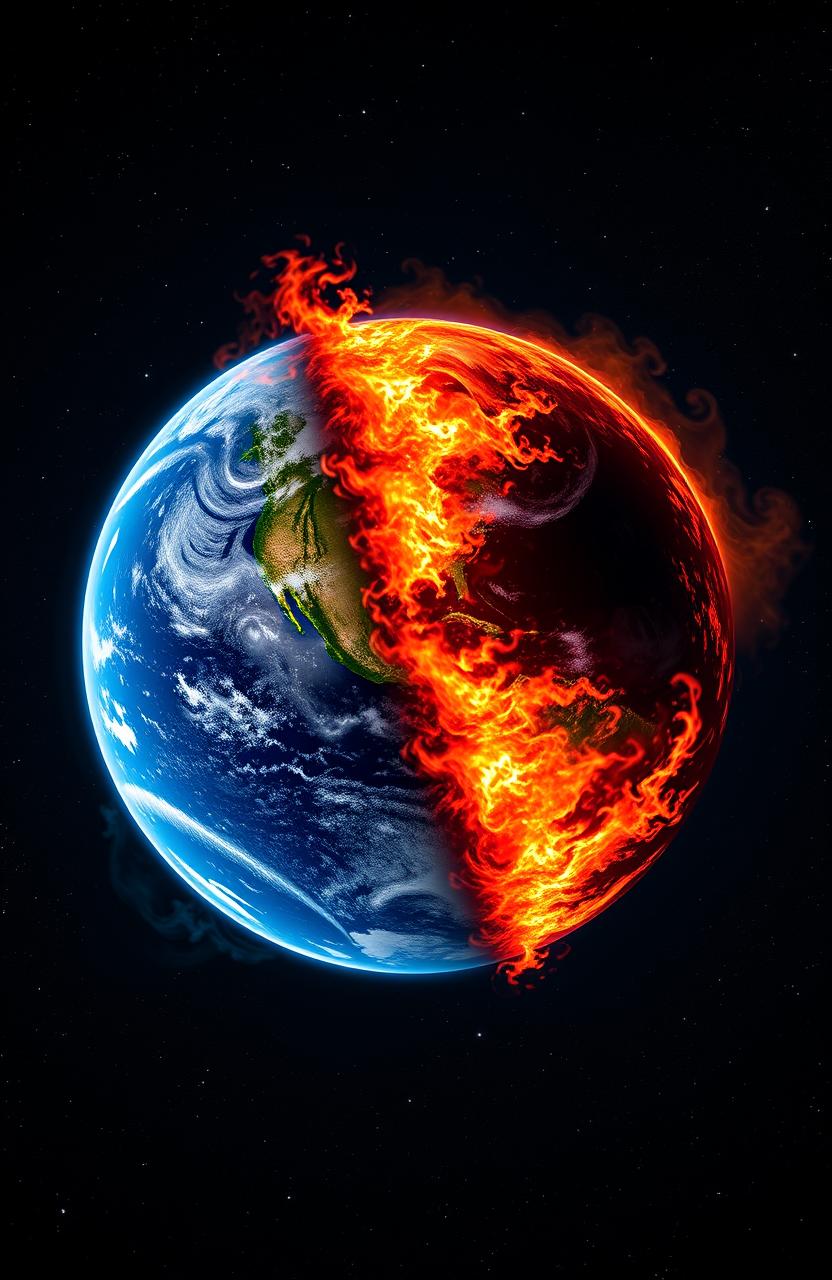 An image of Earth viewed from space, dramatically showcasing half of the planet engulfed in flames from an Armageddon scenario