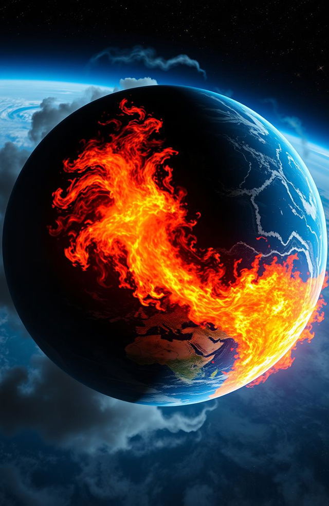 An image of Earth viewed from space, dramatically showcasing half of the planet engulfed in flames from an Armageddon scenario