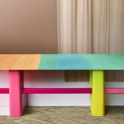 A vibrant bench table in a spectrum of colors.