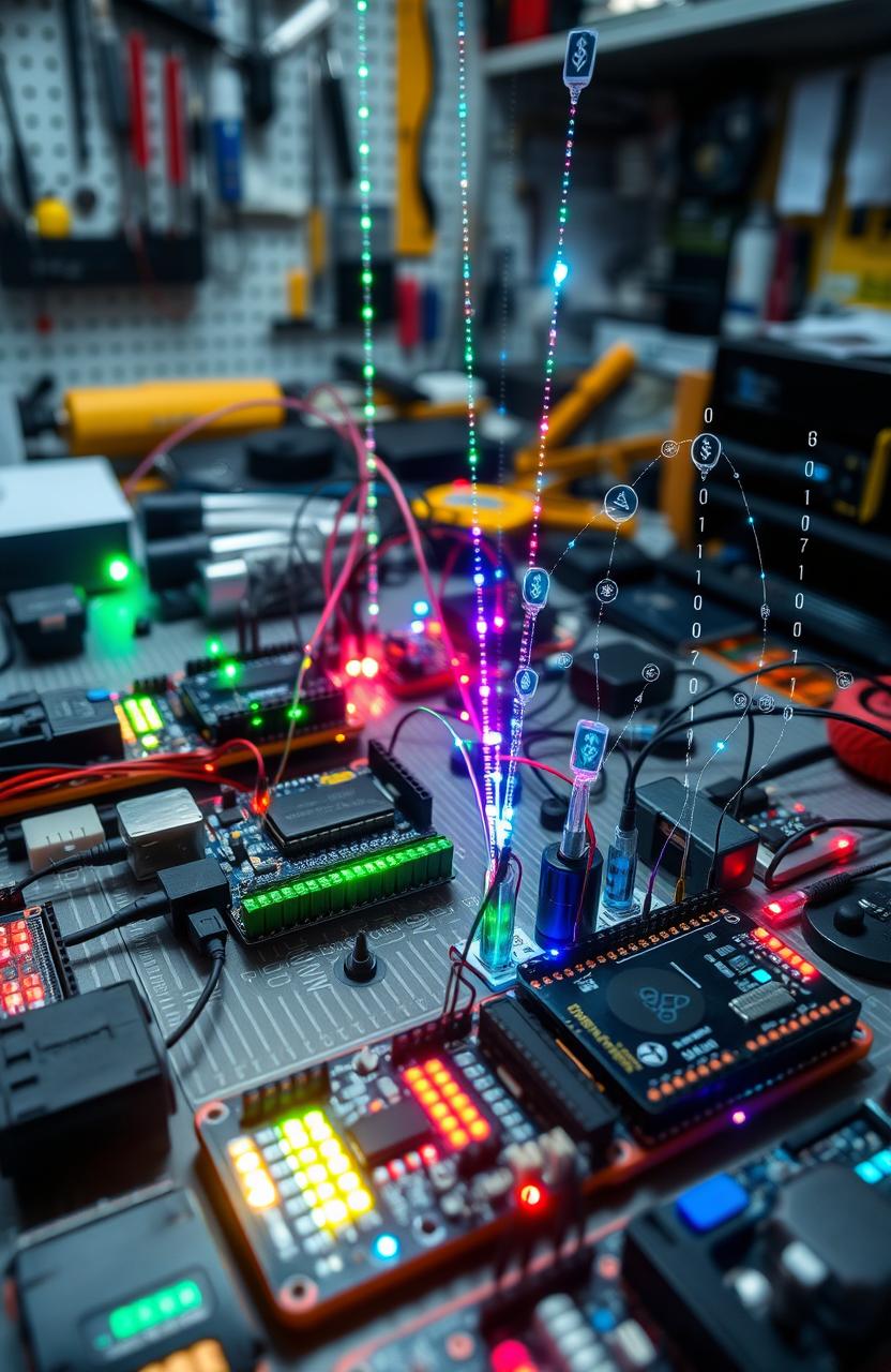 An advanced digital communications setup using Arduino, showcasing an intricate circuit board with multiple Arduino microcontrollers connected wirelessly