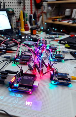 An advanced digital communications setup using Arduino, showcasing an intricate circuit board with multiple Arduino microcontrollers connected wirelessly